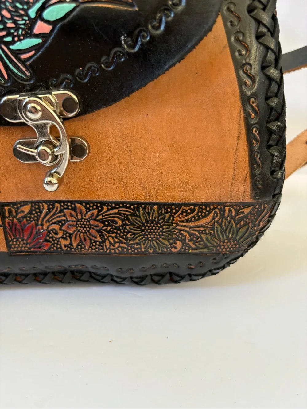 Mexican Leather Crossbones Bag Hand Crafted Tooled Hummingbird Brown Black Artsy